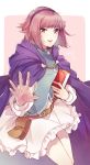  blush cape cosplay fire_emblem fire_emblem:_rekka_no_ken fire_emblem_heroes fire_emblem_if hairband highres looking_at_viewer mimirya nino_(fire_emblem) nino_(fire_emblem)_(cosplay) open_mouth purple_hairband red_hair sakura_(fire_emblem_if) short_hair skirt smile solo translated 