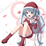  :d akira_(been0328) bag blue_eyes blue_hair blush boots dress eyebrows_visible_through_hair fur_trim gift_bag hair_between_eyes hair_ornament hat hatsune_miku heart holding holding_bag long_hair open_mouth red_dress red_footwear red_hat santa_boots santa_costume santa_hat short_dress smile solo twintails very_long_hair vocaloid white_background 