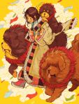  animal blush brown_hair carrying chinese_zodiac closed_eyes commentary crisalys dog english_commentary fur_trim highres long_hair new_year nike open_mouth original piggyback shoes shoes_removed short_eyebrows smile smoke sneakers solo tibetan_mastiff tongue walking year_of_the_dog yellow_background 