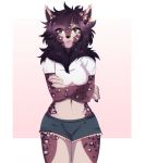 2018 anthro breasts brown_fur brown_hair claws clothed clothing digital_media_(artwork) ear_piercing facial_piercing fangs feline female fur green_eyes hair jewelry litchi666 mammal navel nose_piercing piercing saber-toothed_cat simple_background solo tethys_fangmaw 