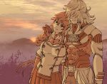  1girl armor gloves lora_(xenoblade_2) monochrome ooshima_aki parted_lips pauldrons shin_(xenoblade) short_hair smile sunset xenoblade_(series) xenoblade_2 