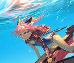  ahoge azur_lane bubble competition_swimsuit hair_ornament highres jacket one-piece_swimsuit pink_hair rias-coast swimsuit u-81_(azur_lane) underwater yellow_eyes 