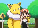  animal_ears arm_around_back ayumi_(pokemon) backpack bag brown_eyes brown_hair check_translation collarbone commentary_request grass hat height_difference hypno long_nose open_mouth pokemon pokemon_(game) pokemon_lgpe road_sign sign smile sweatdrop takamametoraika translation_request tree v white_fur yellow_skin you_gonna_get_raped 
