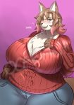 anthro big_breasts blush breasts canine clothed clothing female gradient_background huge_breasts looking_at_viewer mammal obese obese_female ocaritna open_mouth overweight purple_background simple_background smile solo sweat sweatdrop watermark 