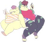  2018 3_toes 4_fingers 4_toes alcohol alpha_channel animal_crossing anthro anthrofied bear belly beverage big_belly big_breasts biped black_claws black_pawpads breasts brown_hair champagne charlise_(animal_crossing) cheek_spots claws cleavage clothed clothing digital_drawing_(artwork) digital_media_(artwork) duo elephant eloise_(animal_crossing) eyelashes eyes_closed eyeshadow female front_view full-length_portrait fur glass gloves_(marking) green_fur hair handpaw holding_glass holding_object hooved_fingers hooves l00dpanda legwear makeup mammal markings multicolored_fur muzzle_(marking) muzzle_scabs nintendo one-piece_swimsuit outline overweight overweight_female pawpads paws plantigrade portrait red_clothing red_topwear shirt short_hair shorts side_by_side simple_background sitting smile snout socks_(marking) star striped_clothing stripes swimsuit tank_top tights toe_claws toeless_legwear toes torn_clothing torn_legwear transparent_background trunk two_tone_fur video_games white_bottomwear white_clothing white_stripes yellow_clothing yellow_fur yellow_skin yellow_stripes 