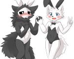  anthro biped black_fur blue_eyes blush brown_hair bulge bunny_costume canine changed_(video_game) clothed clothing costume crossdressing eigetsu fluffy fur goo_creature hair hand_holding human lin_(changed) male mammal monster puro_(changed) rubber simple_background smile white_background white_fur wolf 