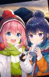  :&lt; :d artist_name beanie blue_eyes blue_hair blush coat cup eyebrows_visible_through_hair happy hat hitsukuya kagamihara_nadeshiko mount_fuji mountain multicolored multicolored_stripes multiple_girls open_mouth pink_hair pom_pom_(clothes) purple_eyes reaching_out scarf self_shot shima_rin smile striped striped_scarf sunrise teeth v winter_clothes winter_coat yurucamp 