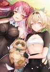  2girls bangs black_gloves blonde_hair blush bodystocking breasts chest_sarashi closed_eyes crossed_bangs fang fingerless_gloves gloves hair_between_eyes hair_bun hair_ribbon highres hololive houshou_marine kazama_iroha long_hair looking_at_viewer lying medium_breasts miyagi_ratona multicolored_hair multiple_girls on_back one_eye_closed open_mouth parted_lips pokobee ponytail red_hair ribbon sarashi short_sleeves shrug_(clothing) single_side_bun small_breasts two-tone_hair virtual_youtuber white_hair yellow_eyes 