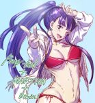  ;d alternate_hairstyle aoba_(smartbeat) arm_up bikini blue_background blue_eyes breasts choker cross_choker earrings fate/grand_order fate_(series) hair_over_shoulder jacket jewelry long_hair medium_breasts navel one_eye_closed open_clothes open_jacket open_mouth pink_bikini pinky_out pointing pointing_at_viewer ponytail purple_hair saint_martha saint_martha_(swimsuit_ruler)_(fate) shading_eyes side-tie_bikini simple_background sketch smile solo swimsuit very_long_hair 