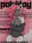  2018 anthro black_fur blush bottomless breasts clothed clothing digital_media_(artwork) dunewulff english_text female fur hair magazine nintendo nipples nude pink_hair pok&eacute;mon pok&eacute;mon_(species) poochyena pussy smile solo sweater text video_games 
