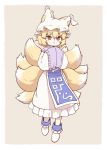  blonde_hair dress fox_tail frilled_dress frills full_body hands_in_opposite_sleeves hat multiple_tails ofuda pillow_hat poronegi short_hair simple_background smile tabard tail touhou wide_sleeves yakumo_ran yellow_eyes 