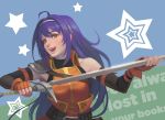  ahoge bare_shoulders blue_hair detached_sleeves fingerless_gloves fire_emblem fire_emblem:_souen_no_kiseki gloves green_eyes hairband headband long_hair purple_hair smile solo sword wayu_(fire_emblem) weapon white_hairband yagaminoue 