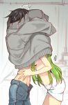  1boy 1girl black_hair blurry blurry_background breasts c.c. code_geass commentary_request cowboy_shot creayus denim faceless faceless_female faceless_male from_side green_hair grey_sweater groin hetero jeans leaning_forward lelouch_lamperouge long_hair long_sleeves medium_breasts motion_lines open_fly pants shared_clothes shared_sweater sideboob standing surprised sweatdrop sweater torso_grab towel towel_around_waist very_long_hair white_towel 