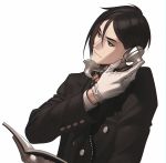  aconitea black_hair book brown_eyes corded_phone gloves hair_between_eyes head_tilt highres holding holding_book holding_phone jacket kuroshitsuji long_sleeves looking_away looking_to_the_side male_focus open_book phone sebastian_michaelis simple_background solo upper_body white_background white_gloves 