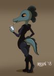  2018 alligator anthro bea_(nitw) breasts brown_background butt butt_pose cigarette clothed clothing crocodilian digital_media_(artwork) female green_scales horsen night_in_the_woods reptile scales scalie simple_background solo 