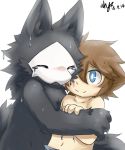  anthro biped black_fur blue_eyes brown_hair canine changed_(video_game) crying cuddling fluffy fur goo_creature hair human lin_(changed) male mammal monster nude puro_(changed) rubber simple_background smile tears white_background whywhyouo wolf 