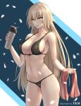  artist_name bikini black_bikini blonde_hair breasts cherry_blossoms cleavage collarbone cowboy_shot cup dylannn eyebrows_visible_through_hair fate/grand_order fate_(series) hair_between_eyes holding holding_cup holding_towel jeanne_d'arc_(alter)_(fate) jeanne_d'arc_(fate)_(all) large_breasts long_hair looking_at_viewer multicolored multicolored_background navel petals pink_towel simple_background solo swimsuit towel tumbler yellow_eyes 