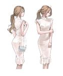  bag bangs blonde_hair blush breasts closed_mouth dress handbag highres kai1up long_hair looking_at_viewer original ponytail simple_background solo standing white_dress 