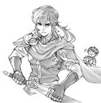  armor blush cape celice_(fire_emblem) cosplay fire_emblem fire_emblem:_monshou_no_nazo fire_emblem:_seisen_no_keifu fire_emblem_heroes gloves greyscale headband highres long_hair male_focus marth marth_(cosplay) monochrome multiple_boys ponytail short_hair smile sword tiara tomentomob weapon 