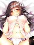 black_hair black_legwear blush breast_squeeze breasts commentary_request covered_nipples eyebrows_visible_through_hair hair_between_eyes hair_ornament hairclip hands_on_own_chest haruna_(kantai_collection) headband highres kantai_collection large_breasts long_hair looking_at_viewer navel on_bed orange_eyes panties parted_lips remodel_(kantai_collection) ribs shiny shiny_hair shirt solo striped striped_panties thighhighs tsukui_kachou underboob underwear upper_body white_panties white_shirt 