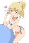  anzu_(hinamatsuri) ass ball bikini blonde_hair blue_bikini eyebrows_visible_through_hair feet_out_of_frame hair_ribbon hinamatsuri_(manga) looking_at_viewer open_mouth paper red_ribbon ribbon side-tie_bikini side_ponytail simple_background smile solo striped striped_bikini swimsuit tamakorogashi thick_eyebrows white_background yellow_eyes 