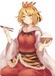  animal_print black_hair blonde_hair blush bowl chopsticks commentary_request eating food hair_ornament multicolored_hair rice rice_bowl solo sweat terrajin tiger_print toramaru_shou touhou two-tone_hair white_background wide_sleeves yellow_eyes 