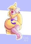 big_breasts blue_eyes breasts digimon enduranthill female fluffy fluffy_tail fur markings nipples paws renamon scared shy thick_thighs yellow_fur 