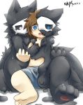  anthro assimilation biped black_fur blue_eyes brown_hair canine changed_(video_game) clothing crying fluffy fur goo_creature hair human lin_(changed) male mammal monster nude puro_(changed) rubber simple_background tears transformation underwear white_background whywhyouo wolf young 