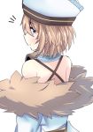  back bare_shoulders blanc blue_eyes blush brown_hair from_behind fur_trim hat looking_at_viewer looking_back neptune_(series) open_mouth short_hair solo standing warabi_mochi_(ehimedaisuki) 