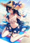  adapted_costume armpits bad_id bad_pixiv_id bare_arms bare_legs bare_shoulders barefoot beach beach_towel bikini bikini_skirt blue_bow blue_eyes blue_hair bow bracelet collarbone commentary_request dark_blue_hair day debt food full_body halterneck hand_on_headwear hands_up hat hat_bow highres holding holding_food ice_cream jewelry long_hair looking_at_viewer navel nunucco open_mouth outdoors sand sitting solo stomach straw_hat stuffed_animal stuffed_cat stuffed_toy summer sun_hat swimsuit toes torn_clothes torn_hat touhou towel very_long_hair wariza water yorigami_shion 