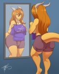  2018 absurd_res anthro breasts bulge clothed clothing dickgirl digital_media_(artwork) dragon freckles_(artist) hair hi_res horn intersex long_hair mirror penis_outline reflection scalie side_boob signature solo topless 