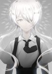  androgynous gem_uniform_(houseki_no_kuni) ghost_quartz_(houseki_no_kuni) glowing glowing_hair grey_background hair_over_one_eye houseki_no_kuni long_hair looking_at_viewer necktie neku_hnksub short_hair_with_long_locks solo sparkle suspenders upper_body white_eyes white_hair 