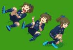  2018_fifa_world_cup :d absurdres brown_eyes brown_hair check_commentary commentary_request grass highres holding_legs hori_yuuko idolmaster idolmaster_cinderella_girls japan multiple_views negy one_eye_closed open_mouth ponytail rolling sequential shorts smile soccer soccer_uniform sportswear tears truth uniform world_cup 