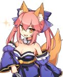  animal_ear_fluff animal_ears bare_shoulders blue_ribbon breasts cleavage detached_sleeves end_tieno fang fate/extra fate/grand_order fate_(series) fox_ears fox_tail hair_ribbon highres japanese_clothes large_breasts looking_at_viewer ofuda open_mouth pink_hair ribbon simple_background solo tail tamamo_(fate)_(all) tamamo_no_mae_(fate) white_background yellow_eyes 