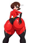  1girl ass ass_grab bodysuit boots breasts brown_eyes brown_hair cameltoe costume curvy domino_mask elastigirl eric_lowery female from_behind gloves helen_parr huge_ass large_breasts latex latex_gloves latex_suit legs looking_at_viewer mask shiny short_hair simple_background skin_tight standing sweat the_incredibles thighhighs wide_hips 
