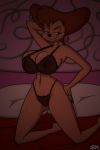  2018 anthro areola bed black_nose bra breasts brown_hair camel_toe canine cleavage clothed clothing disney dog ear_piercing female goof_troop hair half-closed_eyes hand_behind_head hand_on_hip hi_res lingerie mammal mature_female midriff navel nipples panties peg_pete piercing pillow pinup pose short_hair smile solo thesharkmaster translucent transparent_clothing underwear 