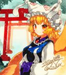  blonde_hair commentary_request dress fox_tail frills hands_in_opposite_sleeves hat multiple_tails multiple_torii ofuda orange_eyes pillow_hat qqqrinkappp shikishi short_hair smile tabard tail touhou traditional_media yakumo_ran 