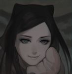  aconitea black_hair blue_eyes chin_rest ergo_proxy eyeshadow face lips makeup mittens re-l_mayer smile solo 