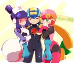  2girls arm_hug blonde_hair blue_hair blush bodysuit closed_eyes cowboy_shot cropped_legs elbow_gloves glasses gloves green_eyes hat helmet kon_(kin219) long_hair low-tied_long_hair low_tied_hair medi multiple_girls netnavi nurse_cap pout robot_ears rockman rockman_exe rockman_exe_(character) roll_exe sidelocks smile sweatdrop wavy_mouth 