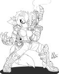 2018 armor bayonett black_and_white canine clothed clothing crossgender ear_piercing female jacket laser_gun line_art mammal meatboom monochrome nintendo piercing ponytail ranged_weapon simple_background solo star_fox star_fox_zero super_smash_bros._ultimate video_games weapon white_background wolf wolf_o&#039;donnell 