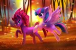  2018 autumn broken_horn coldybutt collaboration cute cutie_mark duo equine eyelashes feathered_wings feathers female feral forest friendship_is_magic hair happy hooves horn jumping leaves looking_at_viewer mammal multicolored_hair my_little_pony my_little_pony_the_movie nude open_mouth open_smile outside pink_hair purple_eyes purple_feathers raised_leg signature smile sun sunset teal_eyes tempest_shadow_(mlp) tree tsaoshin twilight_sparkle_(mlp) unicorn walking winged_unicorn wings 