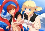  1girl :d artoria_pendragon_(all) blonde_hair blue_eyes cloud commentary_request day emiya_shirou fate/grand_order fate/stay_night fate_(series) holding_hands jacket long_hair matching_outfit midriff navel open_mouth otama_(atama_ohanabatake) outdoors ponytail projection_magecraft_(fate/grand_order) raglan_sleeves red_hair saber sky smile water yellow_eyes 