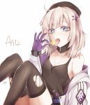 aa-12_(girls_frontline) ahoge arm_support baggy_clothes bags_under_eyes bangs black_hat black_legwear black_shorts blue_eyes breasts candy character_name choker cleavage collarbone commentary eyebrows_visible_through_hair food girls_frontline gloves hair_ornament hat holding holding_food lollipop medium_breasts open_mouth pantyhose parang saliva saliva_trail shorts sidelocks silver_hair simple_background sitting solo star star_hair_ornament tank_top tongue tongue_out torn_clothes torn_legwear white_background 