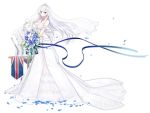  azur_lane bare_shoulders belfast_(azur_lane) blue_eyes blue_ribbon blush bouquet breasts bridal_veil cleavage closed_mouth collarbone dress flower full_body highres holding holding_bouquet kisetsu large_breasts looking_at_viewer official_art ribbon smile solo tiara transparent_background veil wedding_dress white_dress white_hair 
