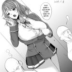  1girl 2boys bald breasts hard_translated huge_breasts kurokawa_otogi long_sleeves miniskirt multiple_boys original otogi_(s_in_w) paizuri_invitation school_uniform skirt translated 