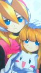  alouette_(rockman_zero) ballpoint_pen_(medium) bangs blonde_hair blue_eyes blunt_bangs blush blush_stickers cat child ciel_(rockman) closed_mouth commentary_request gloves hair_between_eyes hand_on_another's_head headgear holding holding_cat long_hair looking_at_viewer marker_(medium) multiple_girls rockman rockman_zero smile tokigi_akira traditional_media white_gloves 