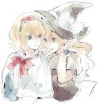  alice_margatroid asakura_noi blonde_hair blue_eyes braid brown_eyes capelet hairband hat kirisame_marisa long_hair looking_at_another multiple_girls neck_ribbon ribbon shared_hat short_hair single_braid smile touhou upper_body white_background witch_hat wrist_cuffs yellow_eyes yuri 