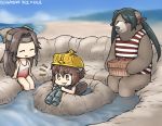 animalization beach bear beaver_tail binoculars black_hair brown_hair closed_eyes commentary_request dated forehead_protector hair_intakes hamu_koutarou hardhat headband helmet jintsuu_(kantai_collection) kantai_collection long_hair mikuma_(kantai_collection) multiple_girls one-piece_swimsuit picnic_basket remodel_(kantai_collection) swimsuit tail twintails yukikaze_(beaver) yukikaze_(kantai_collection) 