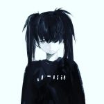  black_hair black_rock_shooter black_rock_shooter_(character) black_shirt blue_background blue_eyes burning_eye closed_mouth huke logo long_hair pale_skin shirt solo sweatshirt twintails uneven_twintails upper_body 