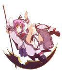  bow dress eiyuu_densetsu frills hair_bow holding holding_scythe looking_at_viewer purple_hair renne ribbon scythe shikei shoes short_hair smile solo sora_no_kiseki white_background yellow_eyes 